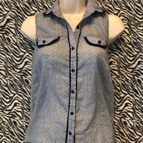 Chloe K Blue Polka Button Collared Sleeveless Top - Picture 4 of 6